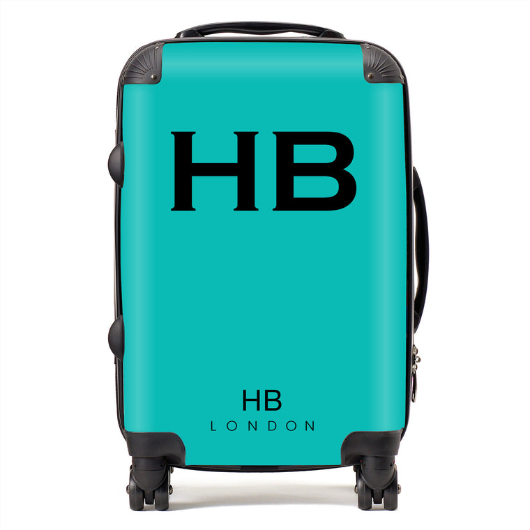 Personalised Tiffany Blue with Black Font Initial Suitcase - HB LONDON