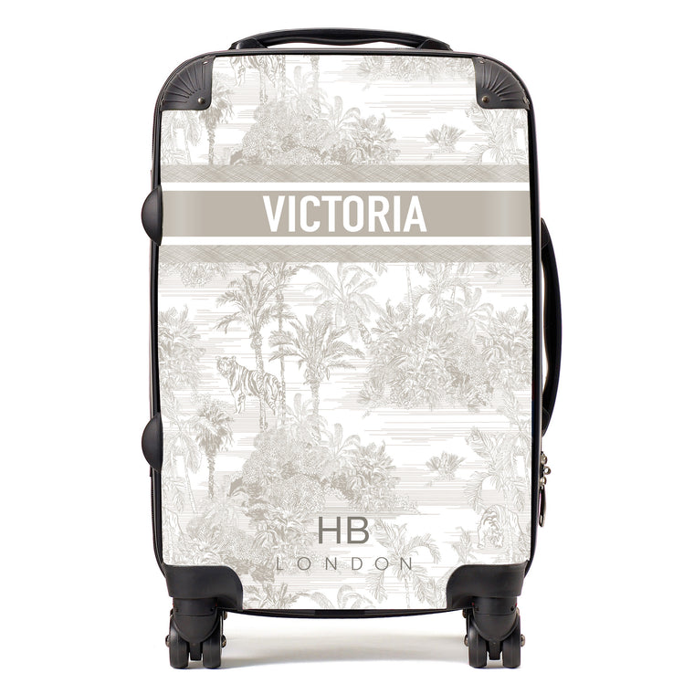 Personalised Greige Tiger Toile with Designer Font Initial Suitcase - HB LONDON
