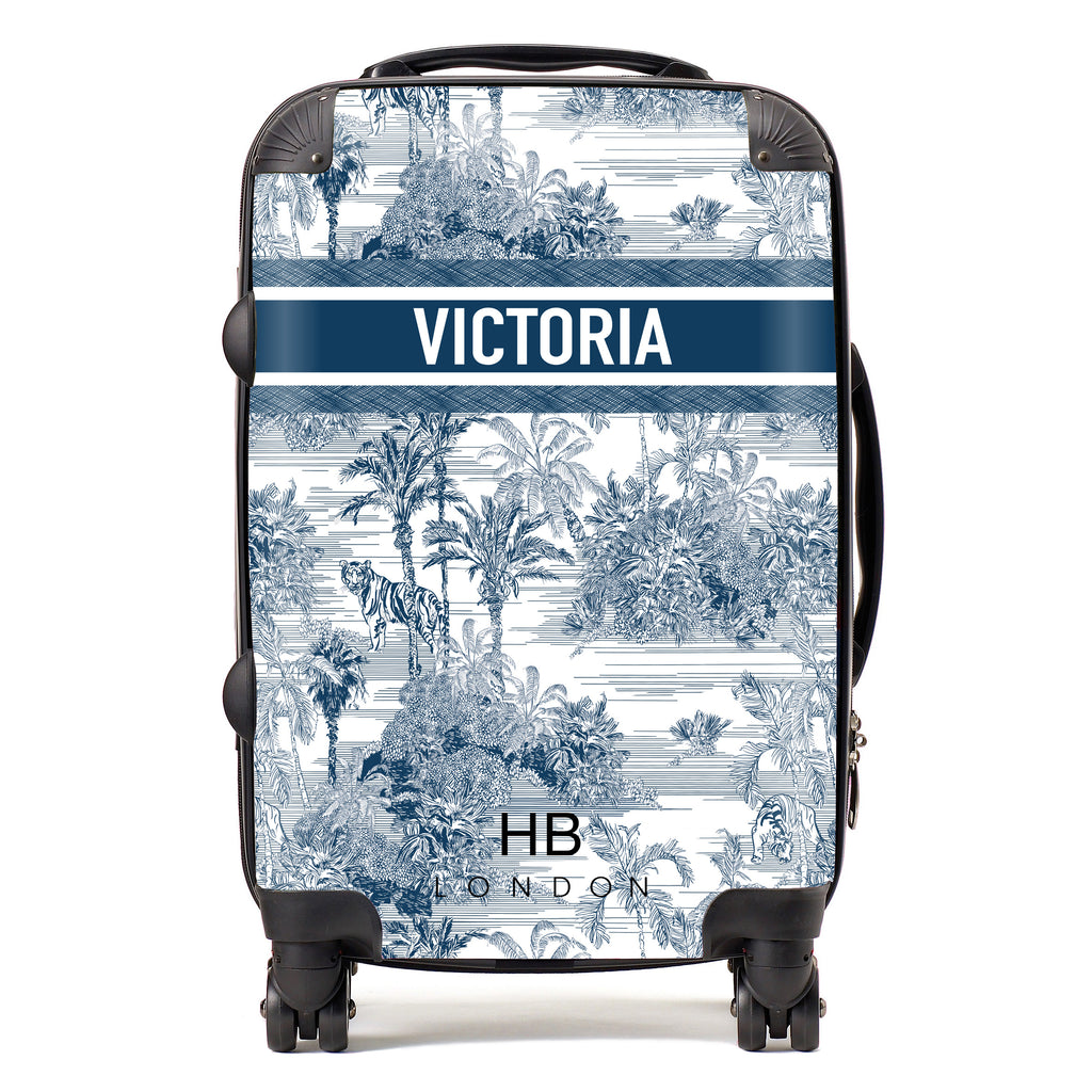 Personalised Navy Tiger Toile with Designer Font Initial Suitcase - HB LONDON