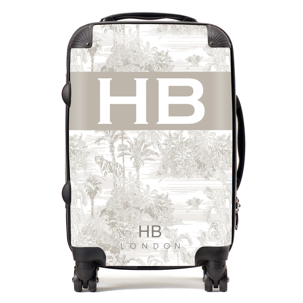 Personalised Greige Tiger Toile with Original Font Initial Suitcase - HB LONDON