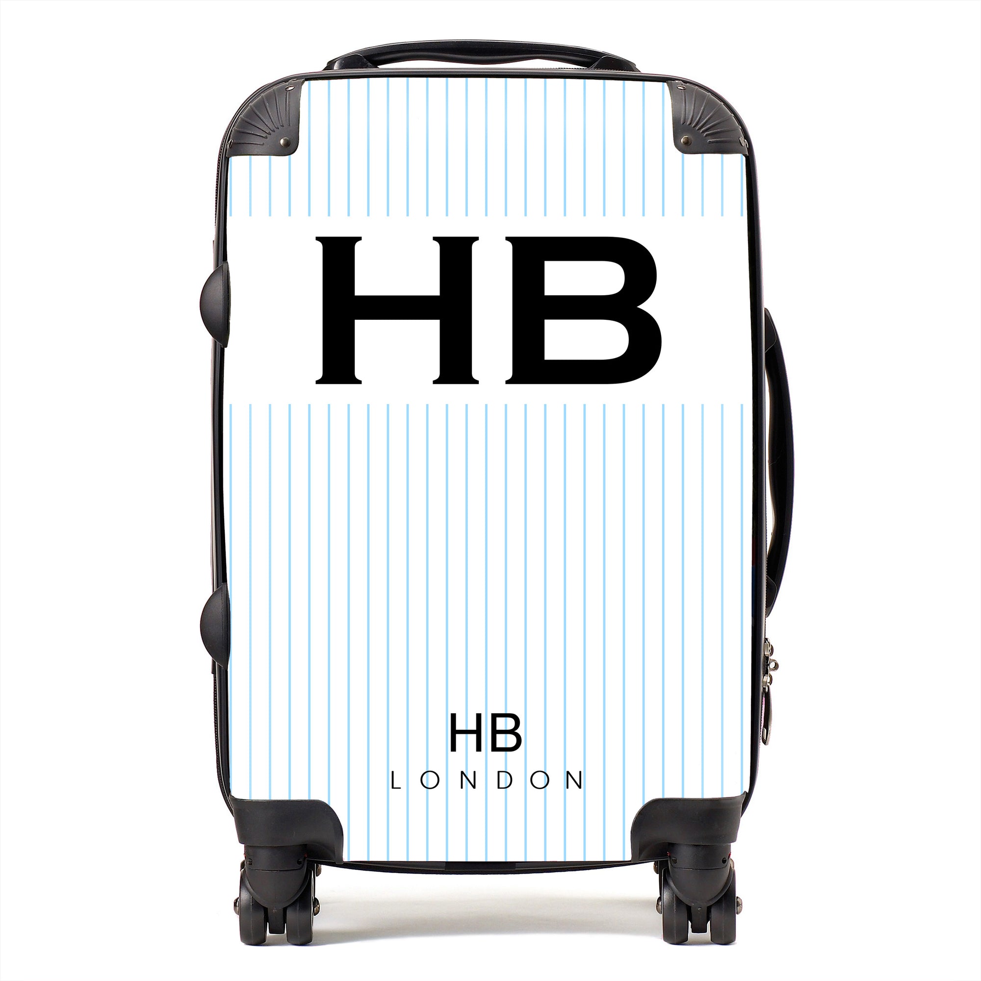 Personalised White and Blue Pinstripe with Black Font Initial Suitcase - HB LONDON