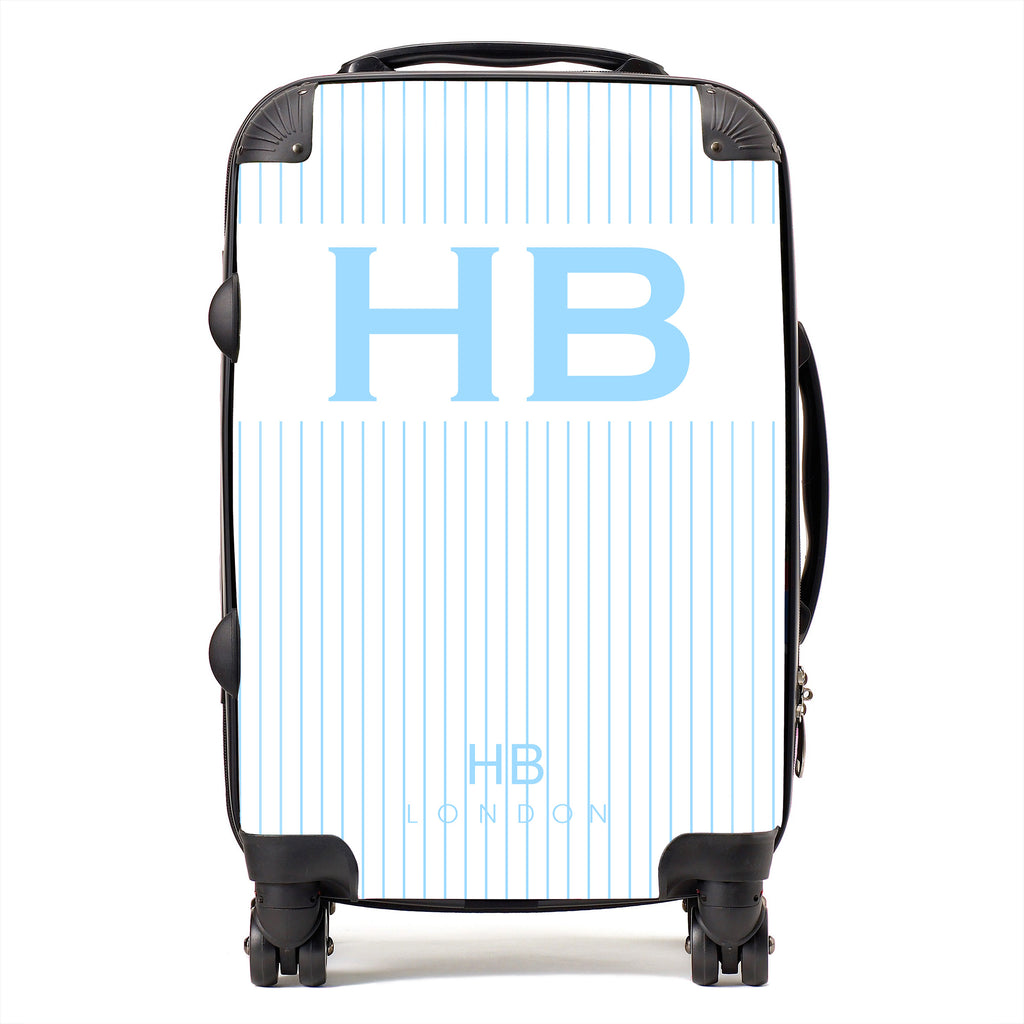 Personalised White and Blue Pinstripe with Blue Font Initial Suitcase - HB LONDON