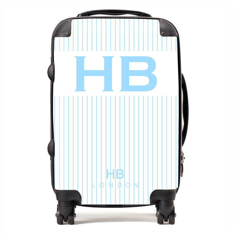 Personalised White and Blue Pinstripe with Blue Font Initial Suitcase - HB LONDON