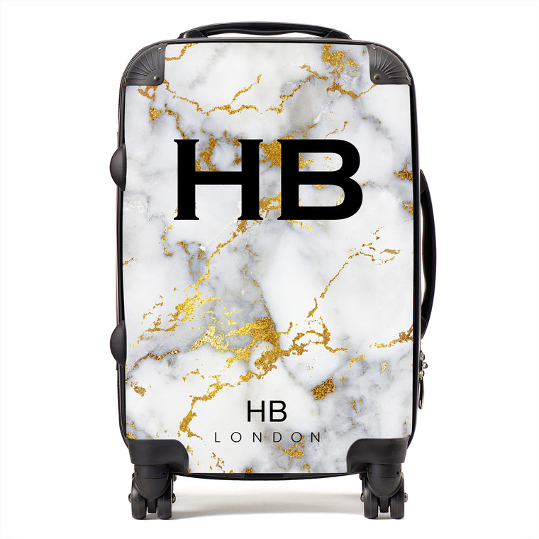 Personalised White and Gold Foil Marble Initial Suitcase - HB LONDON
