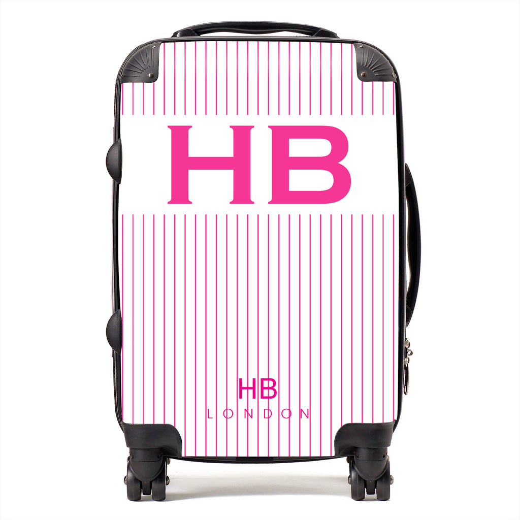 Personalised White and Hot Pink Pinstripe with Hot Pink Font Initial Suitcase - HB LONDON