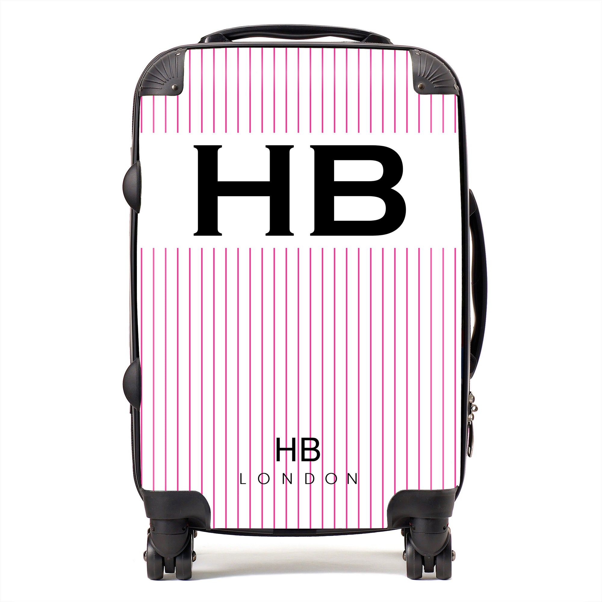 Personalised White and Hot Pink Pinstripe with Black Font Initial Suitcase - HB LONDON