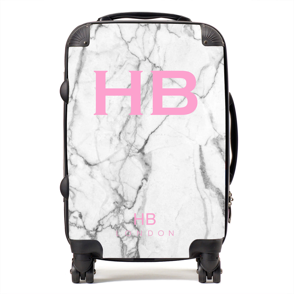 Personalised White Marble with Pink Font Initial Suitcase - HB LONDON