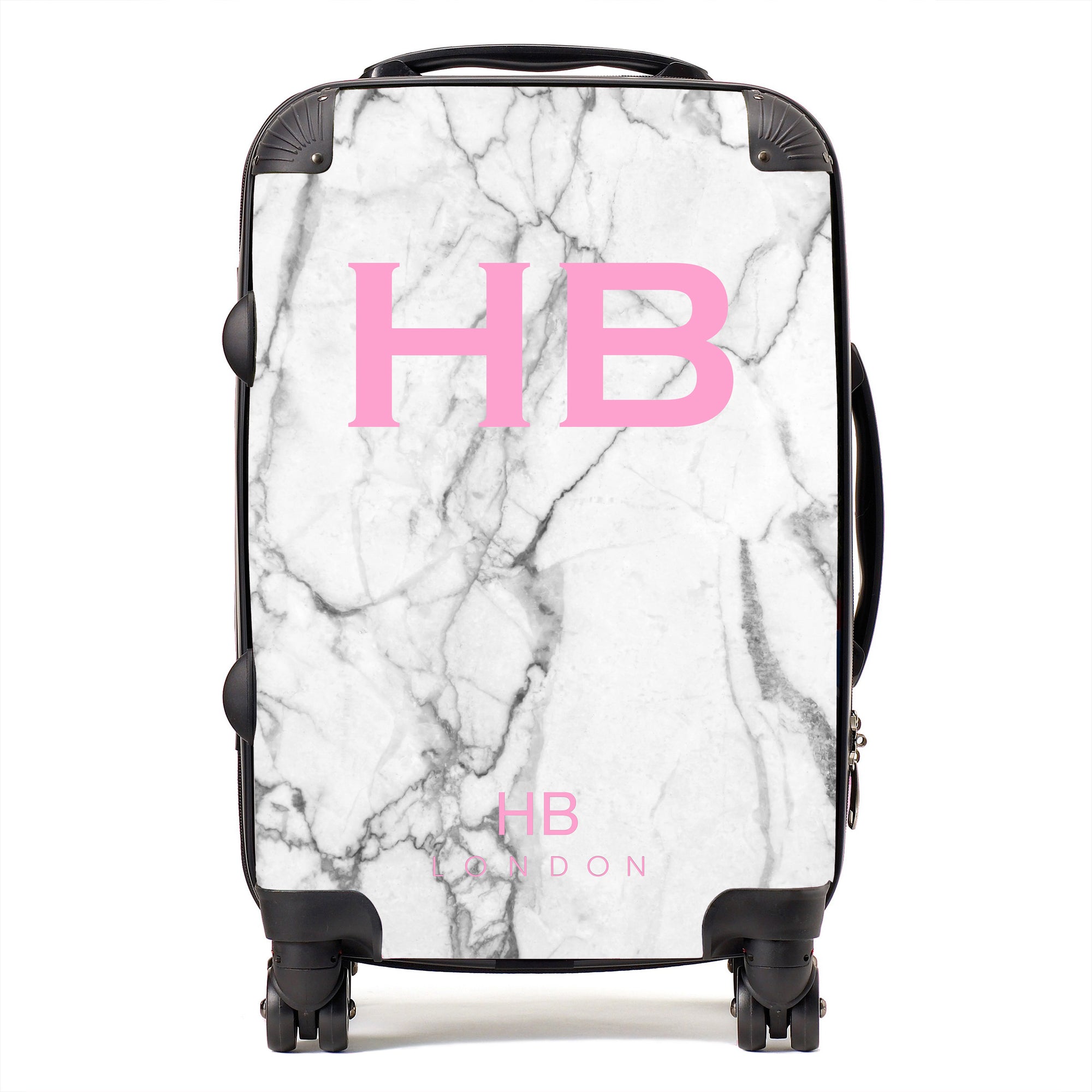 Personalised White Marble with Pink Font Initial Suitcase - HB LONDON