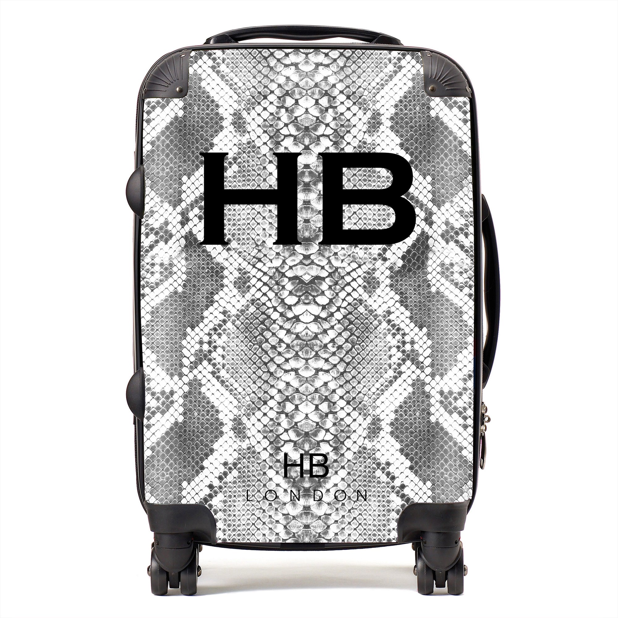 Personalised White Snake Skin Print with Black Font Initial Suitcase - HB LONDON