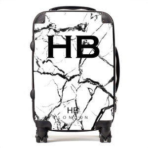 Personalised White and Black Marble Initial Suitcase - HB LONDON