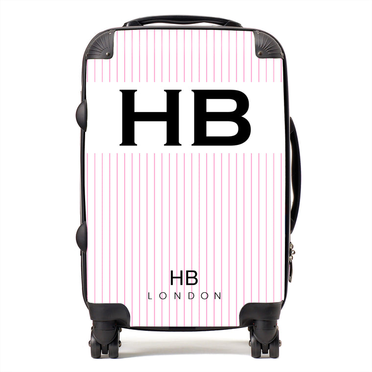 Personalised White and Pink Pinstripe with Black Font Initial Suitcase - HB LONDON