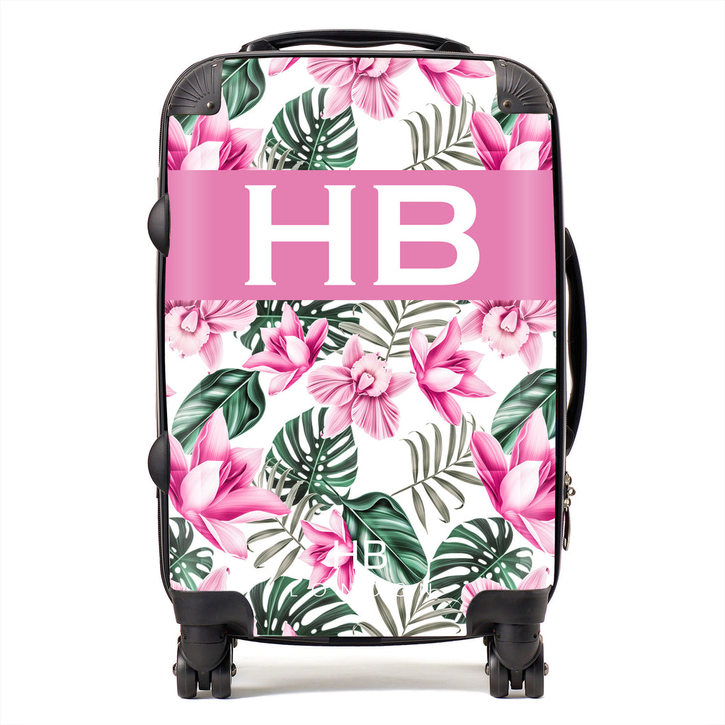 Personalised White and Pink Tropical Flowers with White Font Initial Suitcase - HB LONDON
