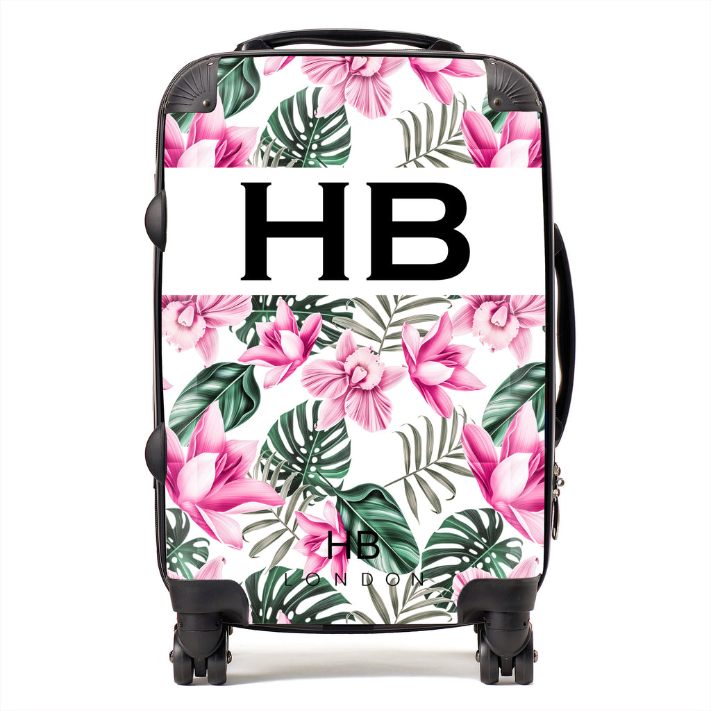 Personalised White and Pink Tropical Flowers with Black Font Initial Suitcase - HB LONDON