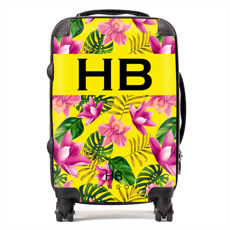 Personalised Yellow and Bright Pink Tropical Flowers with Black Font Initial Suitcase - HB LONDON