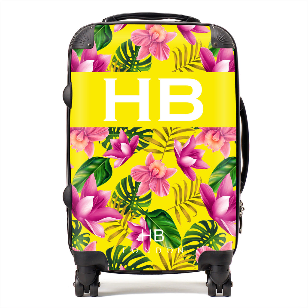 Personalised Yellow and Bright Pink Tropical Flowers with White Font Initial Suitcase - HB LONDON