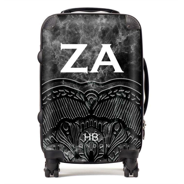 Personalised Black Angel Marble with White Font Initial Suitcase - HB LONDON