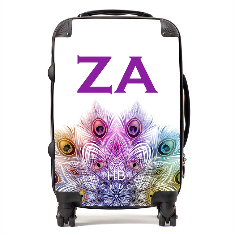 Personalised Peacock Mandala with Purple Font Initial Suitcase - HB LONDON
