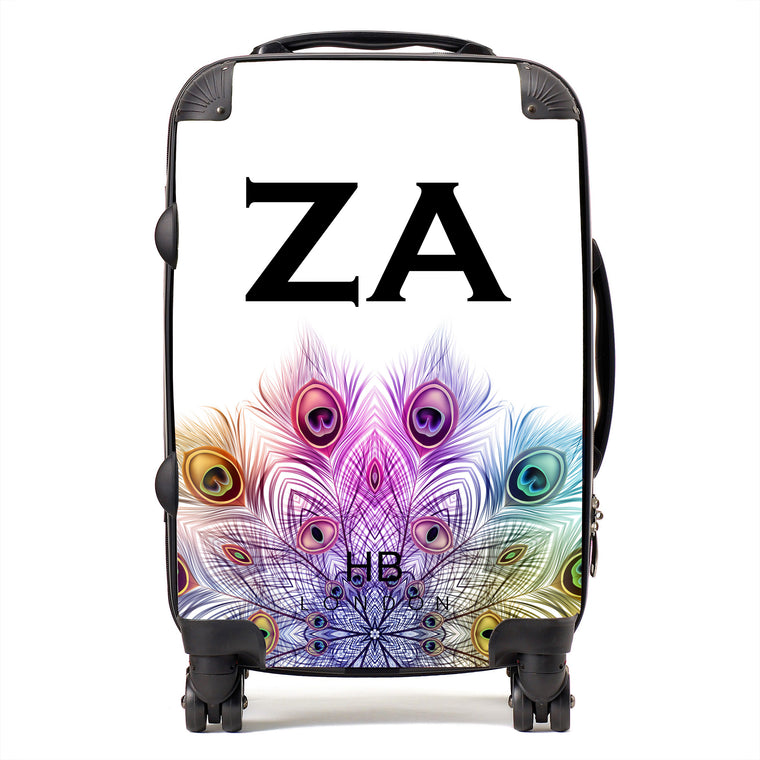 Personalised Peacock Mandala with Black Font Initial Suitcase - HB LONDON