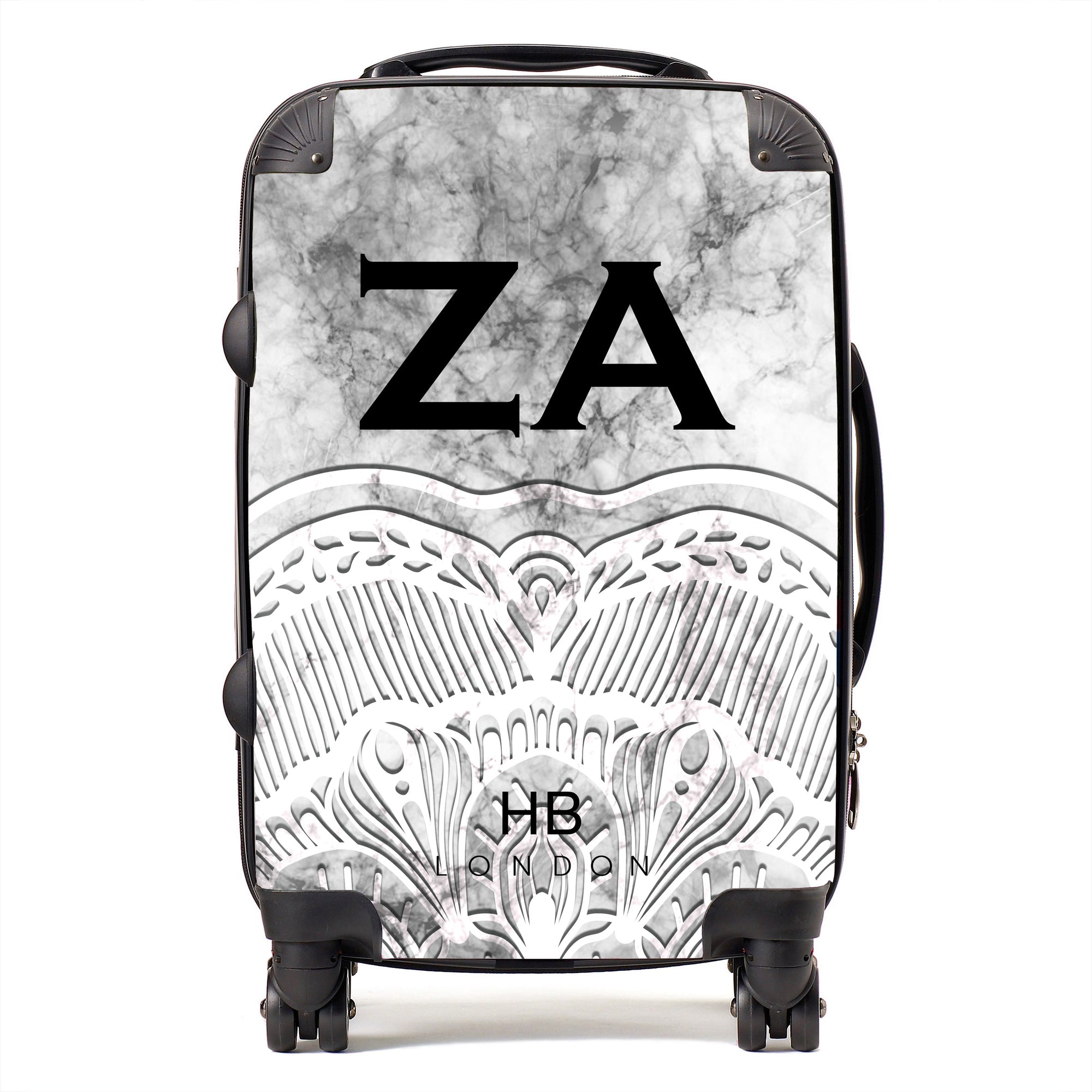 Personalised White Angel Marble with Black Font Initial Suitcase - HB LONDON