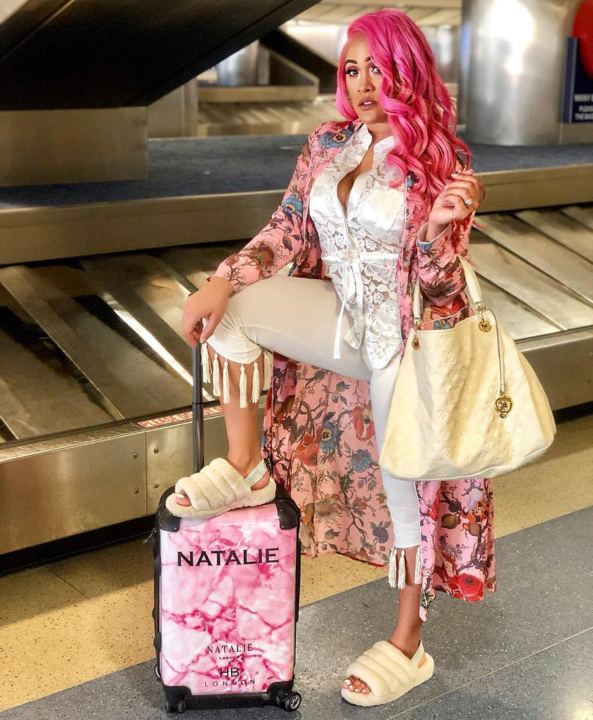 Personalised Pink Shattered Marble Initial Suitcase - HB LONDON