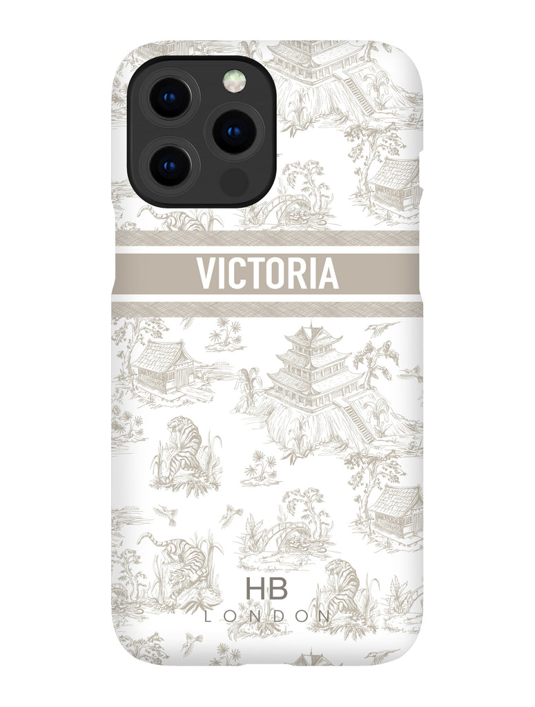 Personalised Greige Oriental Toile with Designer Font Initial Phone Case - HB LONDON