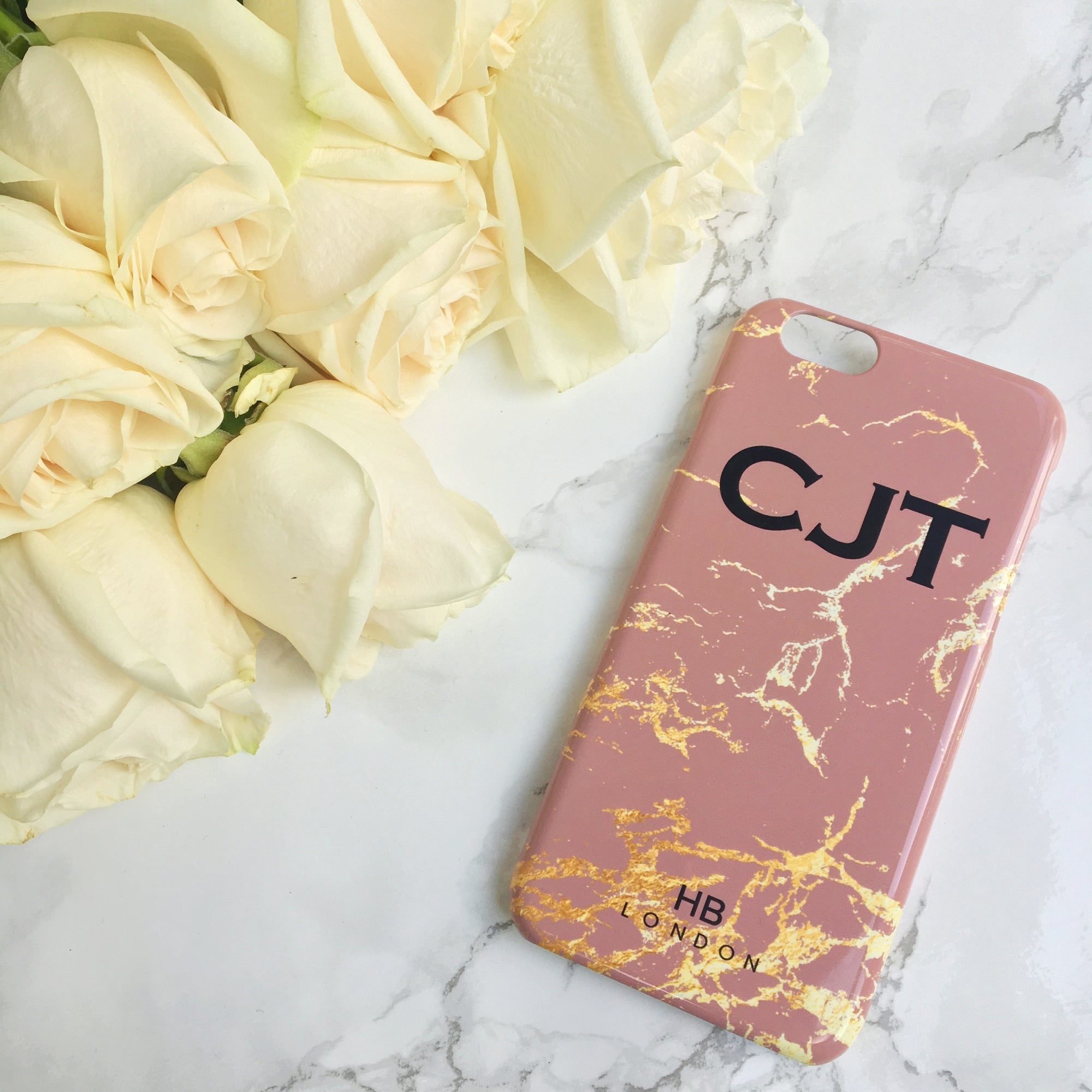 Personalised Dusty Rose and Gold Marble Initial Phone Case - HB LONDON