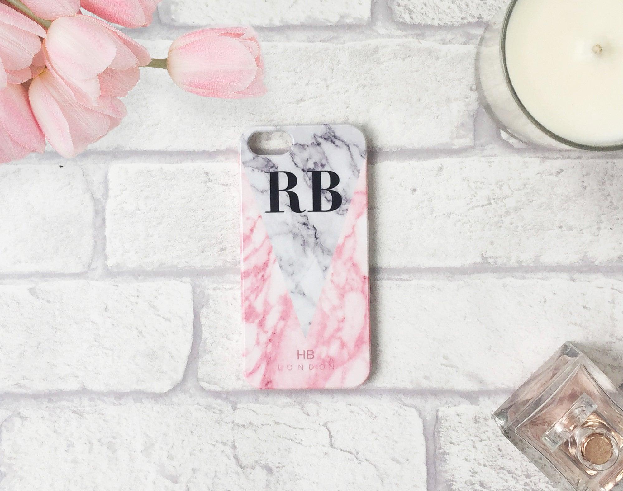 Personalised Pink and White Marble Initial Phone Case - HB LONDON