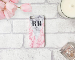 Personalised Pink and White Marble Initial Phone Case - HB LONDON