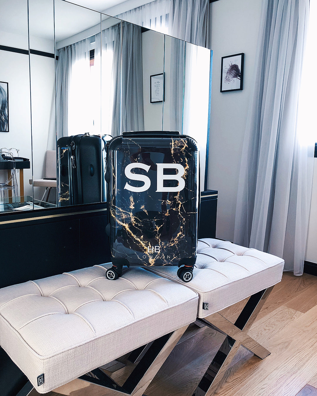 Personalised Black and Gold Marble Initial Suitcase - HB LONDON