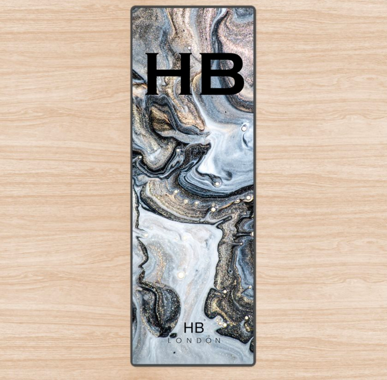 Personalised Charcoal Liquid Marble with Black Font Initial Yoga Mat - HB LONDON