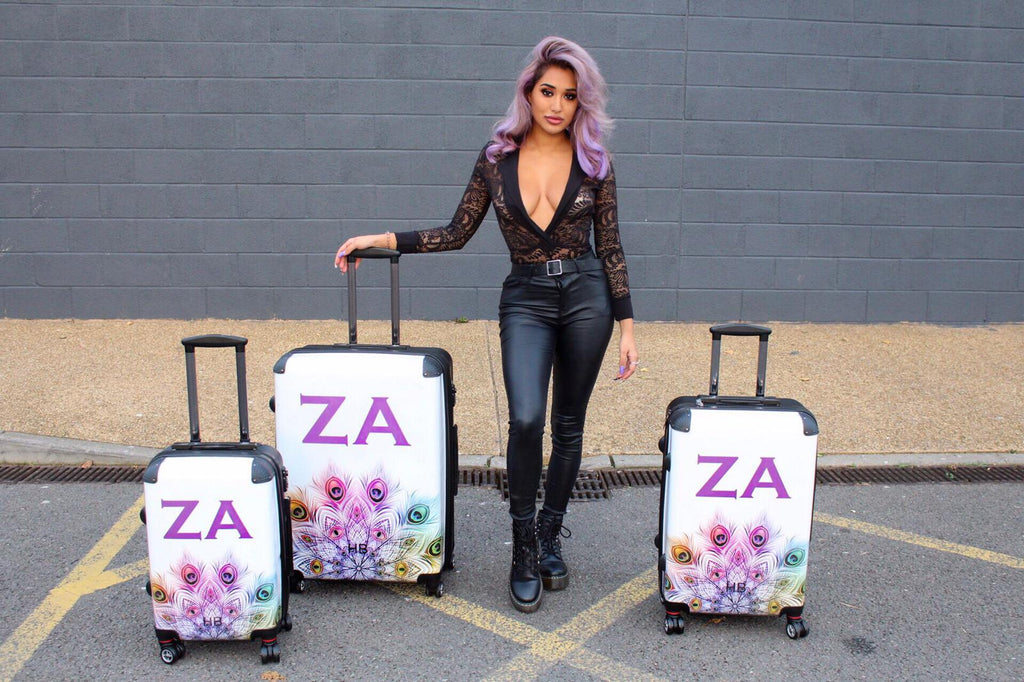 Personalised Peacock Mandala with Purple Font Initial Suitcase - HB LONDON